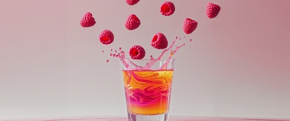Splashes of juice in a glass and raspberries falling from above on a pink background.