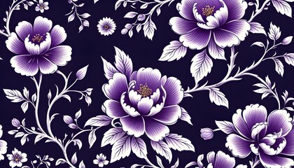 A Detailed illustration Of A Chinoiseries red, Pink, Purple, Blue Flowers.