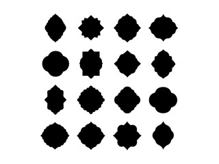 A set of decorative, black silhouette labels or badges with different geometric and floral shapes, different black color grid patterns, ribbon type design vector black and white background.