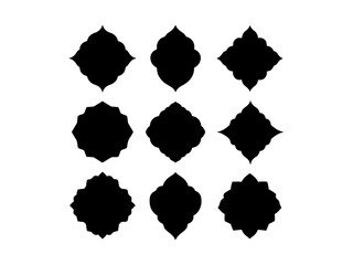 A set of decorative, black silhouette labels or badges with different geometric and floral shapes, different black color grid patterns, ribbon type design vector black and white background.