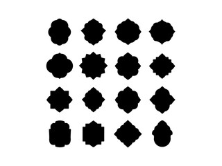 A set of decorative, black silhouette labels or badges with different geometric and floral shapes, different black color grid patterns, ribbon type design vector black and white background.