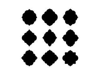 A set of decorative, black silhouette labels or badges with different geometric and floral shapes, different black color grid patterns, ribbon type design vector black and white background.