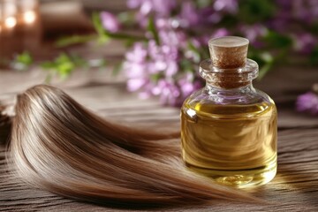 Naklejka premium A bottle of hair oil next to a bouquet of flowers, great for lifestyle or wellness concept images