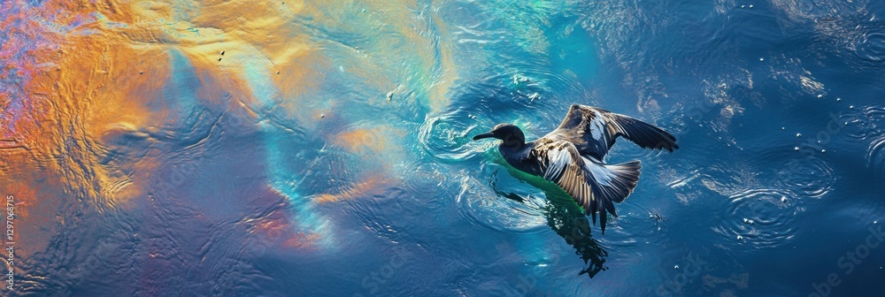 Poster seabird struggling in oil spill with rainbow sheen on ocean surface. generative ai