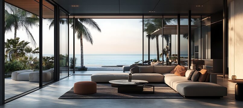 A modern coastal villa with open-plan living, floor-to-ceiling windows, and stylish decor - Powered by Adobe