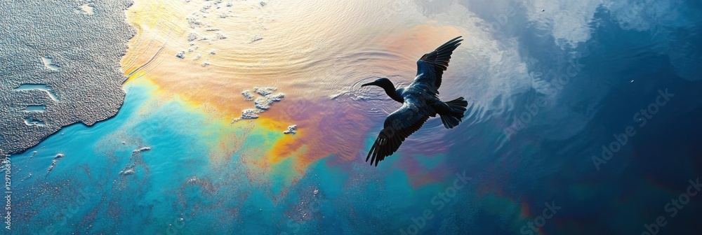 Poster seabird struggling on oil spill surface with rainbow sheen in ocean waters during daylight. generati