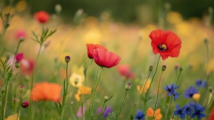 Fototapeta premium A vibrant field filled with colorful flowers, suitable for use in designs related to nature, beauty, or happiness