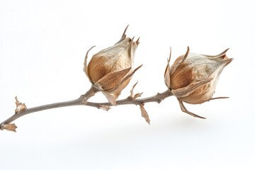 A pair of dried flowers sit atop a branch against a white background, offering a simple yet striking visual