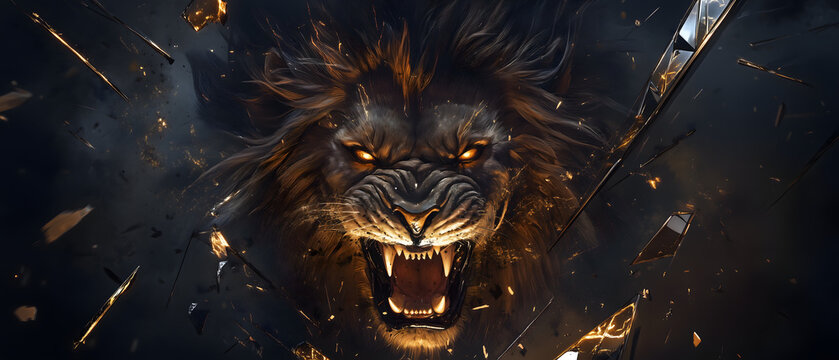 An intense and powerful digital illustration of a roaring lion, depicted in a dynamic splatter art style
