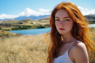 Redhead fashion model posing in a natural golden field with a lake and mountains in the background during a sunny day, showcasing natural beauty and connection with nature