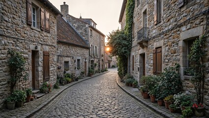 Fototapeta premium Discover a charming old village cobblestone street stone cottages wooden shutters golden light Perfect for travel brochures and historic themes
