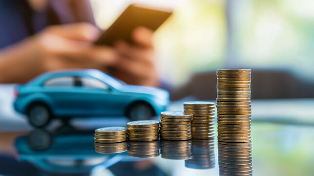 Stacked coins and miniature car symbolizing financial growth, car loans, and savings, ideal for automotive finance blogs, insurance advertisements, and investment articles