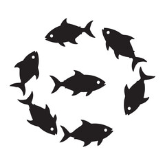 School fish silhouette. Group sea shoal small fishes swim in circle, shoaling and schooling ocean life, underwater ecosystem deep marine animals, plenty tuna, set black neat icons white background