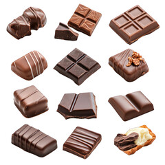 Collection of delicious chocolate pieces, isolated 