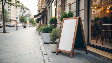 Sidewalk cafe with blank signboard. White mockup near coffee shop. Created with Ai