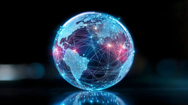 A digital globe with interconnected lines, symbolizing global communication and technology in a modern, visually appealing design.