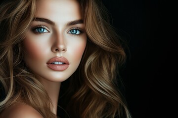 Fototapeta premium Studio portrait featuring an attractive young woman with long, wavy blond hair and flawless skin, showcasing nude makeup while posing against a striking black background
