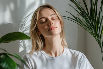 Naklejka premium Young woman with closed eyes soaking up sunlight and fresh air, surrounded by lush houseplants, embodying wellness and a deep connection with nature in a tranquil indoor setting