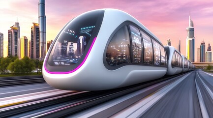 Futuristic White High Speed Train in Modern City at Sunset