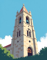 Fototapeta premium Tall stone church bell tower, minimalist flat color illustration, clear blue sky background, copyspace on the left for text or design