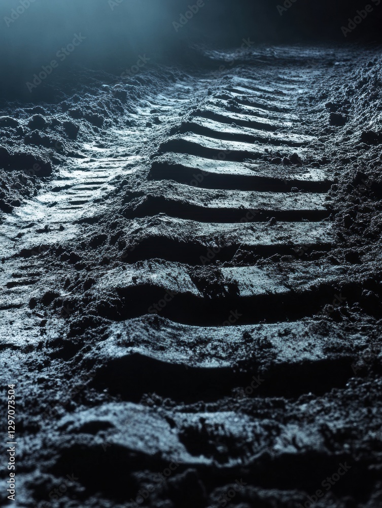 Leinwandbilder Tire tracks create patterns in wet soil under dim light in the forest at twilight near a dirt road. Generative AI