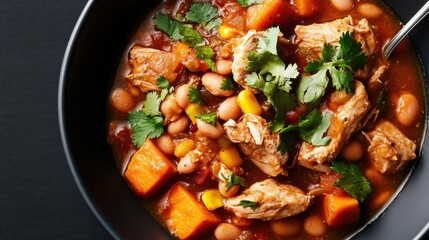 Hearty chicken and vegetable stew with beans and cilantro garnish