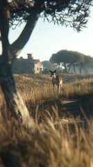 Deer Gazes at Rustic House in Serene Field at Dawn