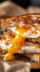 Close-up of gooey grilled cheese sandwich with runny egg National Egg McMuffin Day
