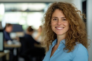 Portrait of a confident, smiling businesswoman standing in a vibrant open plan office, with colleagues engaged in various tasks, creating a dynamic and productive atmosphere