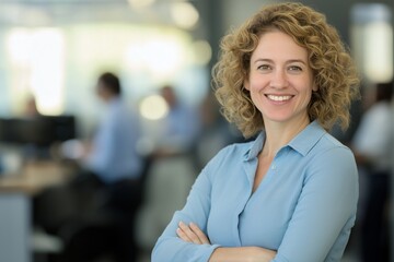 Fototapeta premium Businesswoman with curly hair and folded arms, smiling confidently in a bustling office, embodies professionalism and leadership, inspiring those around her in the corporate environment