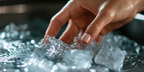 Female hand reaching for ice cubes in cold water