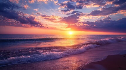 The Beautiful Sunrise Over the Ocean with Colorful Waves