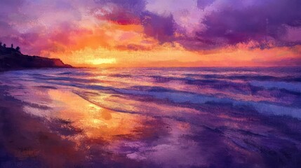 Fototapeta premium A colorful depiction of a sunset over the ocean shoreline