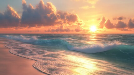 The golden sunrise illuminates a beautiful beach scene perfectly