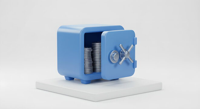 Small blue metal safe with stacked coins inside, displayed on white platform. Modern minimalist security box for money storage. Banking and savings concept. Financial protection design