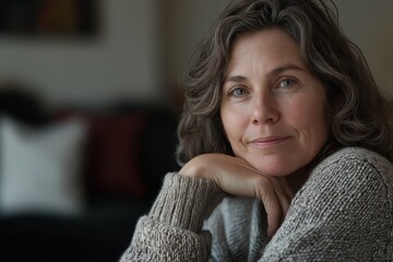 Portrait of a confident, middle-aged woman with graying hair, wearing a comfortable sweater, resting her chin on her hands, and exuding a sense of peace and contentment in a cozy home environment