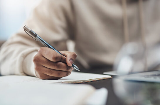 Remote work from home, hands and writing with man, notebook and diary with ideas. Person, closeup and professional with creative project, deadline and schedule for review, planning and calendar