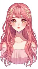 Pink Haired Girl Portrait: A captivating portrait of a girl with long flowing pink hair, adorned with floral accents and a delicate expression, rendered in an anime-inspired style.