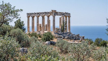 Scenic view of moss covered ancient Greek temple atop hill by ocean with majestic marble columns and olive trees in breeze