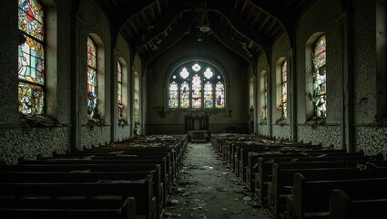 Obraz premium Explore the haunting beauty of an abandoned church at night broken stained glass dusty pews and moonlight streaming through the walls