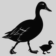 a duckling waddling behind its mother silhouette vector design art and illustration