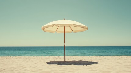 A single beach umbrella provides shade on a sunny beach day