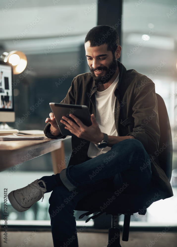 Poster tablet, research and smile with business man in office for planning, typing and client feedback. com