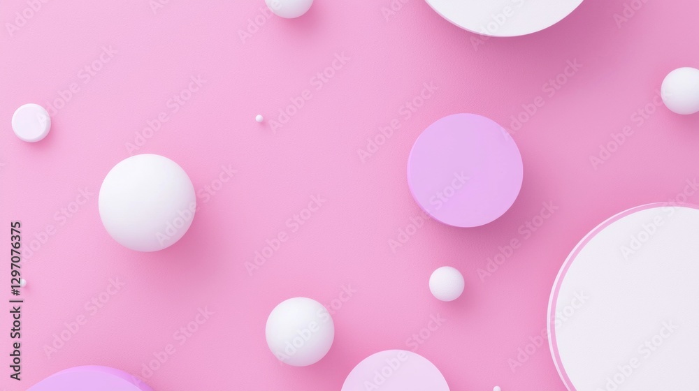 Poster floating white and lilac spheres and disks of varying sizes create a playful and modern abstract com