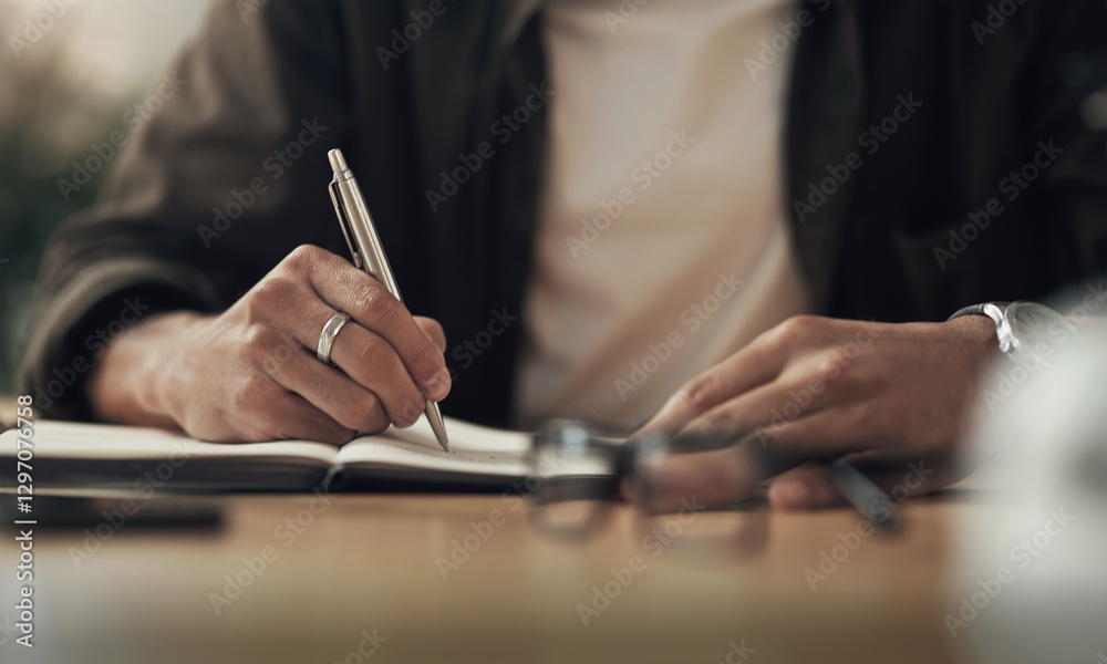 Leinwandbilder hands, writing and notebook with planning in office with project, deadline and schedule at startup. 