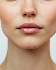 Obraz premium Close up of a fair-skinned woman's face with freckles, nude lipstick, pale pink blush, symbolizing natural beauty, perfect for skincare, beauty products, and health.