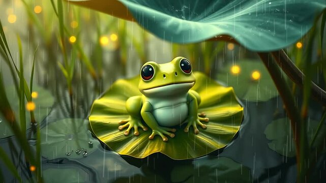 Cute frog on a lily pad in a rainy pond, lit by fireflies , seamless animation time lapse video background