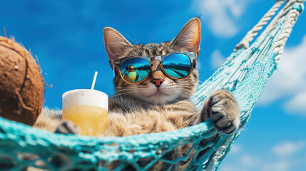 A laid-back tabby cat wearing mirrored sunglasses, chilling on a hammock with a coconut drink nearby, under a clear blue sky