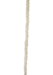 A long, twisted rope made from natural fibers is suspended vertically. The rope showcases various curves and twists, emphasizing its texture. Isolated on white background