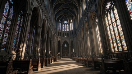 Fototapeta premium Step into divine mystery at a grand Gothic cathedral Towering spires colorful stained glass and shadows dancing on stone floors await